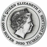 Tuvalu 2020 $2 Dragon 2 Oz Coloured Antiqued Silver Perth Mint Overse Side Queen Elizabeth II