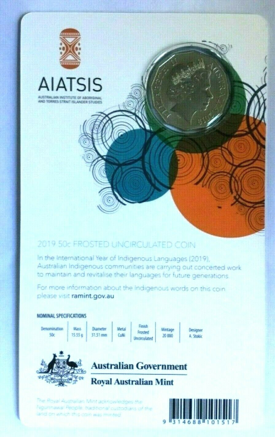 Australia 2019 50 Cent Frosted Uncirculated International Year of Indigenous Languages Carded