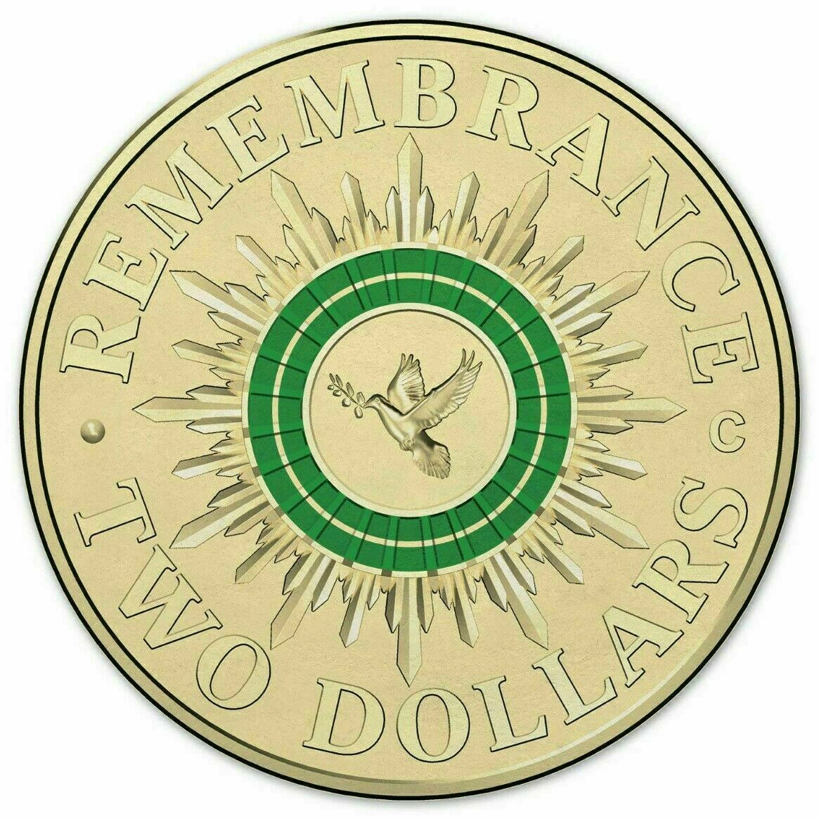 Australia 2014 $2 Green Coloured Uncirculated  Remembrance Day C Mintmark Folder