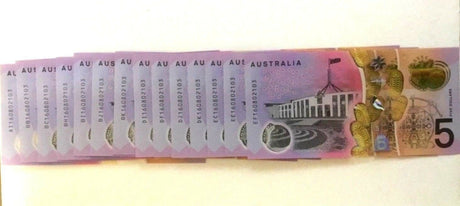 Australia 2016 $5 Uncirculated Matching Serial Numbers"160802103" 14 Notes Banknotes
