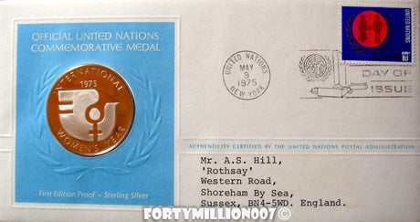United Nations 1975 Medal Proof International Women's Year Silver First Day Cover Stamp and Medal Cover PMC