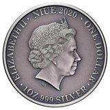 Niue 2020 $1 Frilled Neck Lizard High Relief 1oz Antique Silver