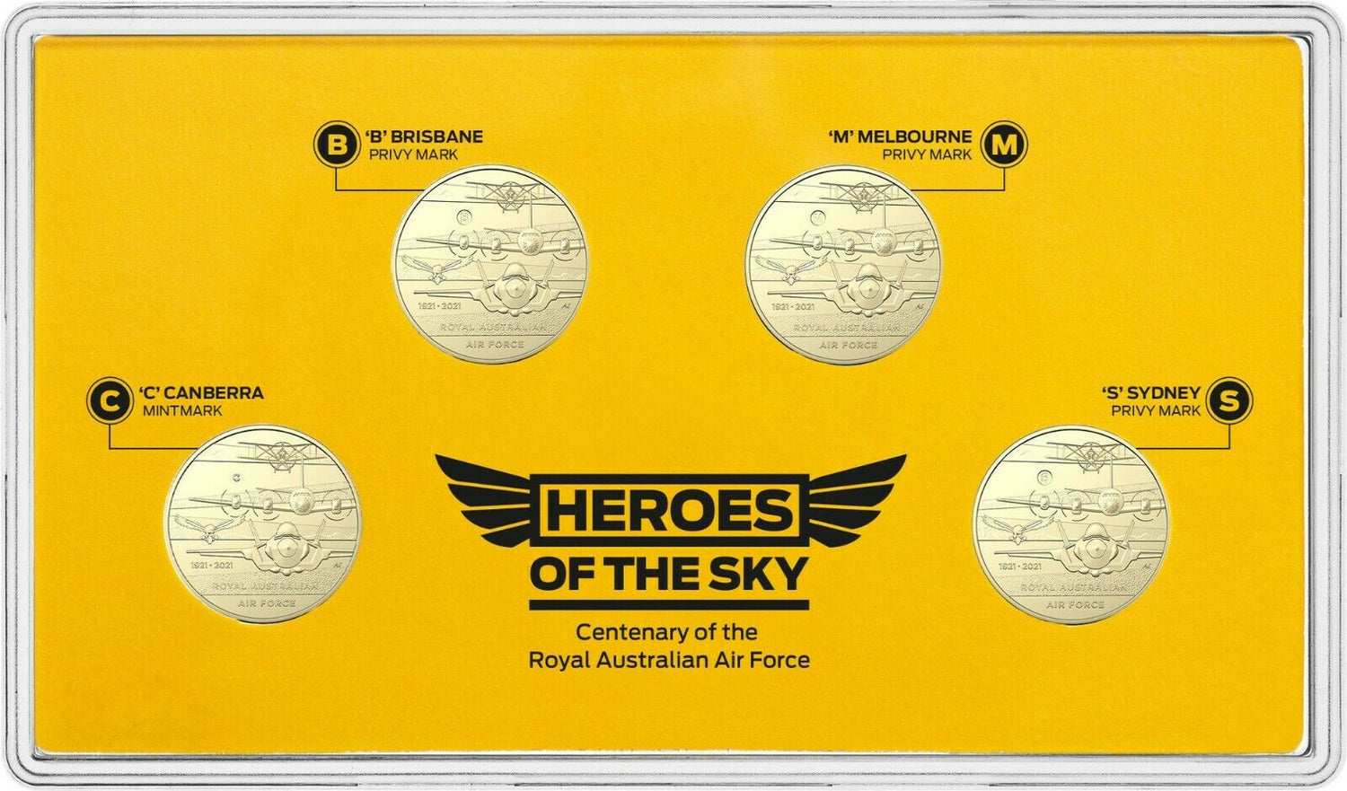 Australia 2021 $1 Uncirculated 4 Coin Set HEROES of the SKY Centenary of the Royal Australian Air Force Mintmarks C B M S 4 x Reverse