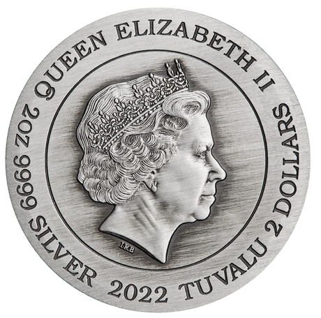 Tuvalu 2022 $2 Dragon 2oz  Silver Coloured Antiqued Coin