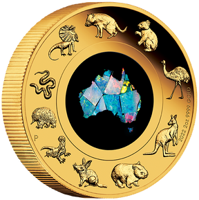 A 2oz gold coin featuring an opal insert with an image of the Australian continent and various Australian animals around it, including a kangaroo, emu, and koala. The coin also shows the profile of Queen Elizabeth II and the denomination of $200.