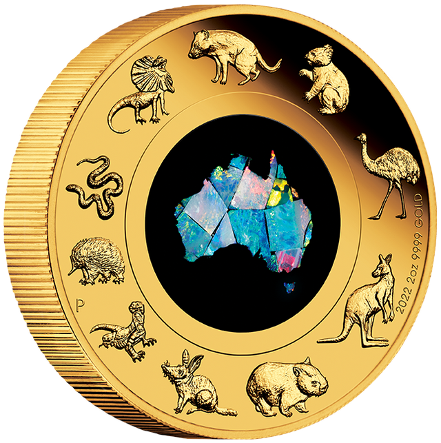 A 2oz gold coin featuring an opal insert with an image of the Australian continent and various Australian animals around it, including a kangaroo, emu, and koala. The coin also shows the profile of Queen Elizabeth II and the denomination of $200.