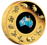Australia 2022 $200 Great Southern Land 2oz Gold Proof Opal Coin. Illustration. Angled view.