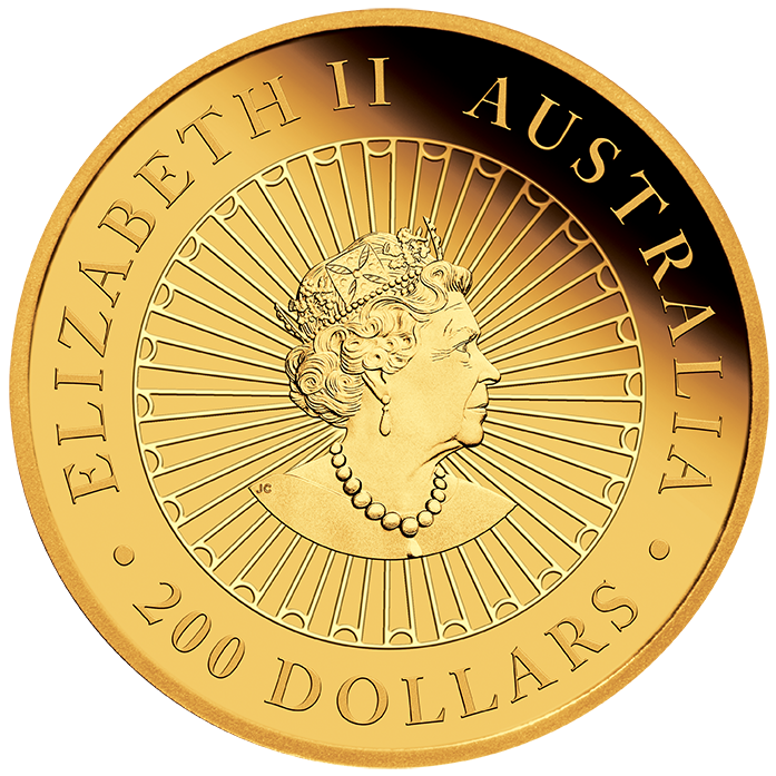 Australia 2022 $200 Great Southern Land 2oz Gold Proof Opal Coin. Obverse showing effigy of Queen Elizabeth II.