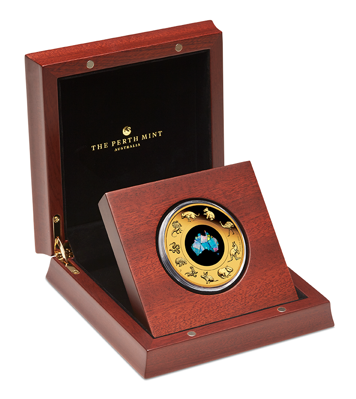 Australia 2022 $200 Great Southern Land 2oz Gold Proof Opal Coin. Wooden Display Case and coin.