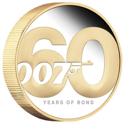 Tuvalu 2022 $2 60 Years of Bond 2oz Silver Proof Gilded Coin