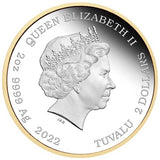 Tuvalu 2022 $2 60 Years of Bond 2oz Silver Proof Gilded Coin