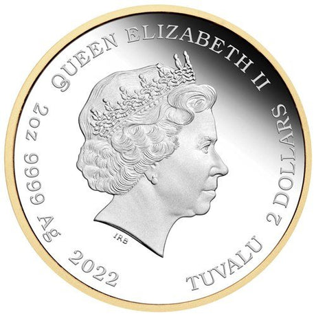 Tuvalu 2022 $2 60 Years of Bond 2oz Silver Proof Gilded Coin