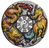 Tuvalu 2022 $2 Dragon and Qilin with Bagua 2oz Silver Antiqued Coloured Coin
