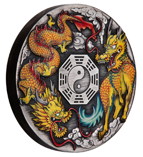 Tuvalu 2022 $2 Dragon and Qilin with Bagua 2oz Silver Antiqued Coloured Coin