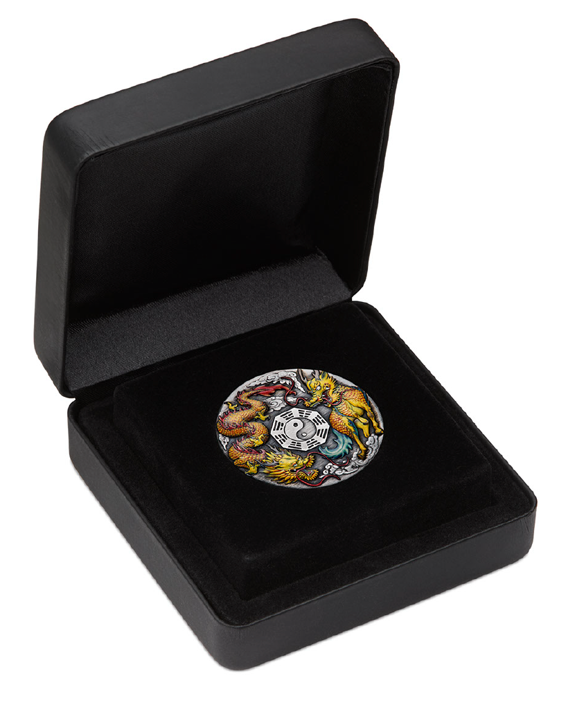 Tuvalu 2022 $2 Dragon and Qilin with Bagua 2oz Silver Antiqued Coloured Coin