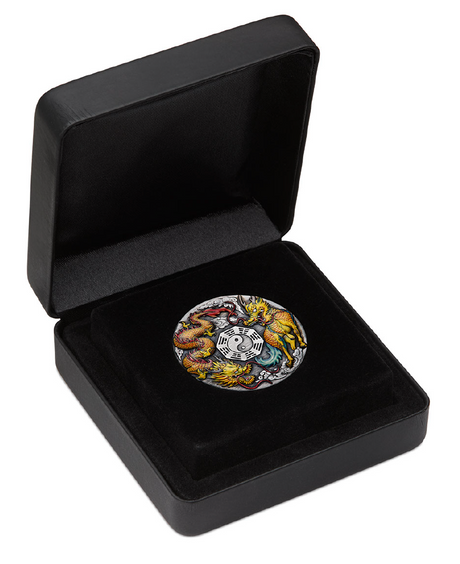Tuvalu 2022 $2 Dragon and Qilin with Bagua 2oz Silver Antiqued Coloured Coin