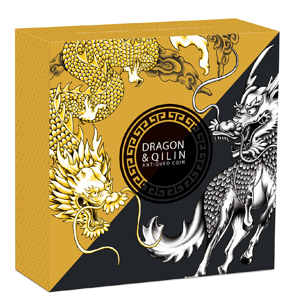 Tuvalu 2022 $2 Dragon and Qilin with Bagua 2oz Silver Antiqued Coloured Coin
