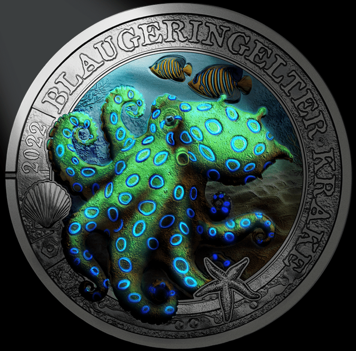 Republic of Austria 2022 3 Euro THE BLUE-RINGED OCTOPUSs Coin- Luminous Marine Life Series (Glows under UV Light)