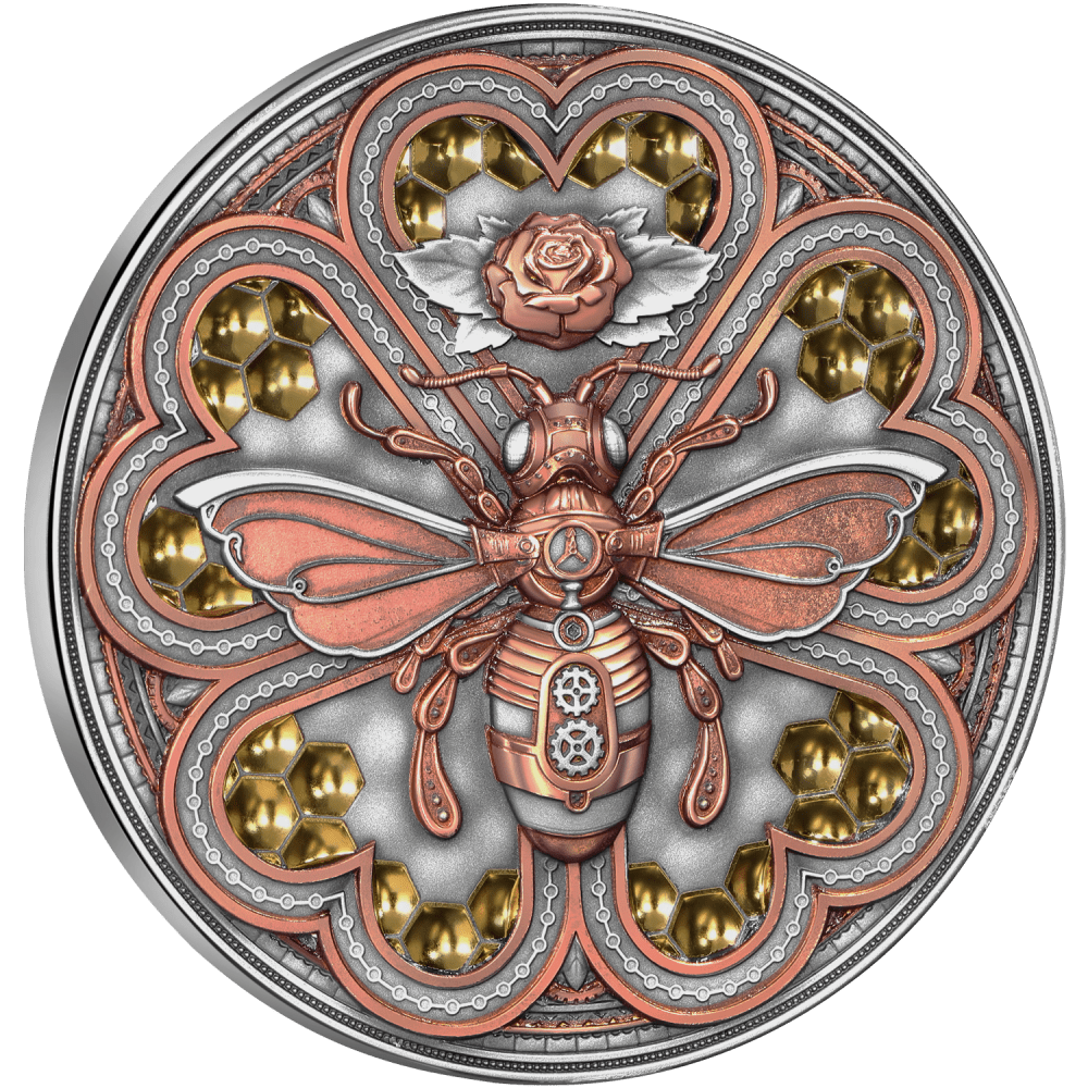 Niue 2023 $5 Metal Bee Steampunk 2oz Silver Antiqued Coin