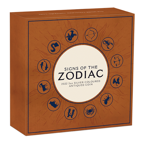 Tuvalu 2022 $5 2022 5oz Signs of the Zodiac Silver Antiqued Coloured Coin Perth Mint