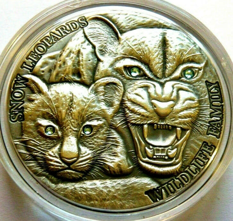 Niue Island 2015 $1 Snow Leopards Swarovski Crystal Eyes 1 Oz Silver