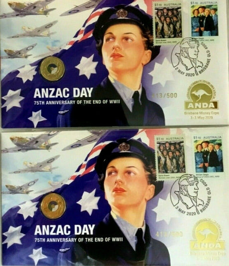 Australia 2020 $2 Coloured Uncirculated ANDA End of WWII 75th Anniversary ANDA Stamp and Coin Cover PNC x 2 Matching Pair 413/500