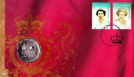 Australia 2002 50 Cent Queen Elizabeth II QEII Accession Stamp and Coin Cover PNC