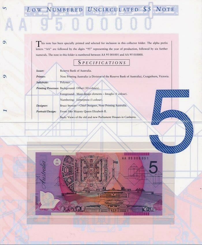 Australia 1995 $5 Deluxe Low Numbered Uncirculated Banknote Folder