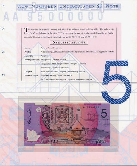 Australia 1995 $5 Deluxe Low Numbered Uncirculated Banknote Folder