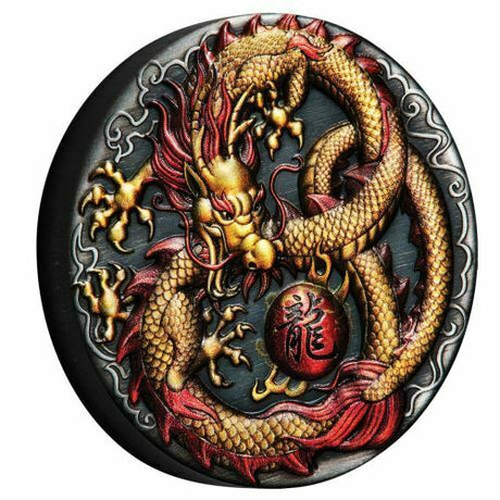 Tuvalu 2020 $2 Dragon 2 Oz Coloured Antiqued Silver Perth Mint Reverse side view of Coloured Dragon