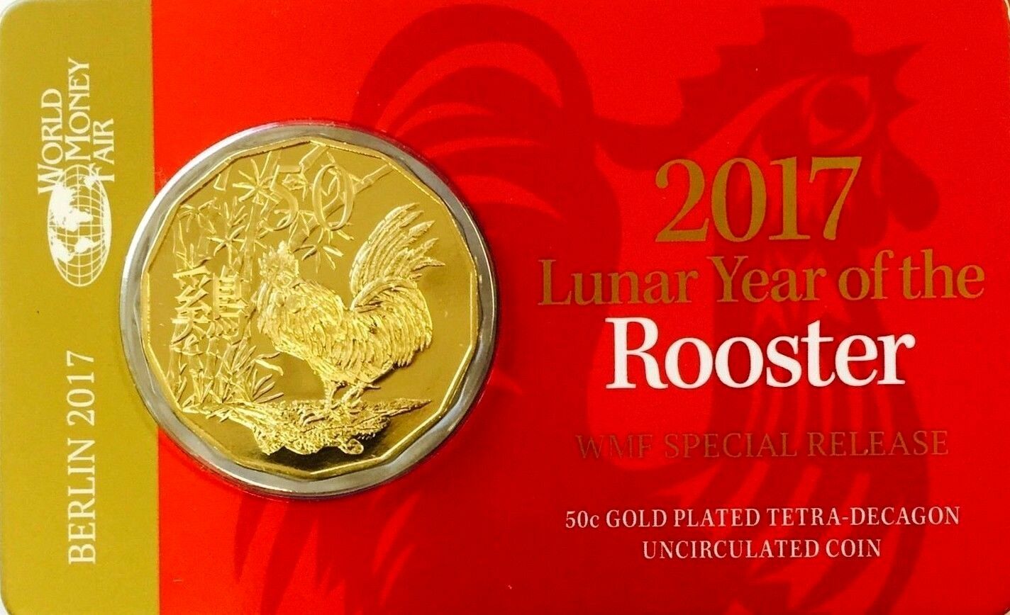 Australia 2017 50 Cent Uncirculated World Money Fair Lunar Year of the Rooster Gold Plated Card