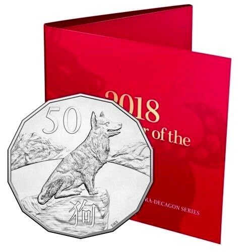 Australia 2018 50 Cent Uncirculated Lunar Year of the Dog Folder Coin and Folderv