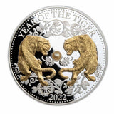 Fiji 2022 $10 Lunar Tiger Pearl Insert Gold-plated 1oz Silver Proof Coin