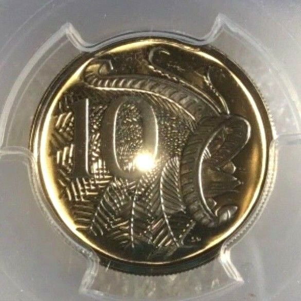Reverse close-up: Lyrebird and denomination on the 1977 Australian 10-cent proof coin, graded PCGS PR68 DCAM.