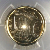 Reverse close-up: Lyrebird and denomination on the 1977 Australian 10-cent proof coin, graded PCGS PR68 DCAM.