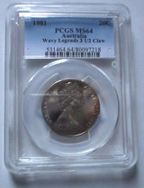 PCGS MS64 label identifying the 1981 Australian 20c Wavy Legends 3½ Claw variety, with Queen Elizabeth II obverse below.