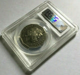 Angled obverse: Queen Elizabeth II obverse of the 2000 Australian Incused Flag 50c coin in its PCGS AU53 holder, with hologram above.
