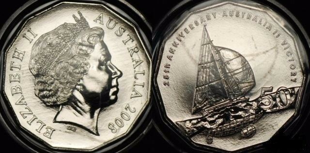 Obverse and reverse, close-up: Australia 2008 Australia II 50-cent coin showing Queen Elizabeth II, the yacht under sail and winged-keel detail.
