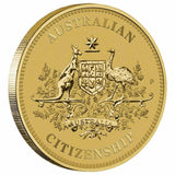 Reverse side of Coin on an Angle showing reeded rim and the Australian Coat of Ars. The Word "Australian" and "Citizenship" are in Capitals around the legend- top and bottom respectively.