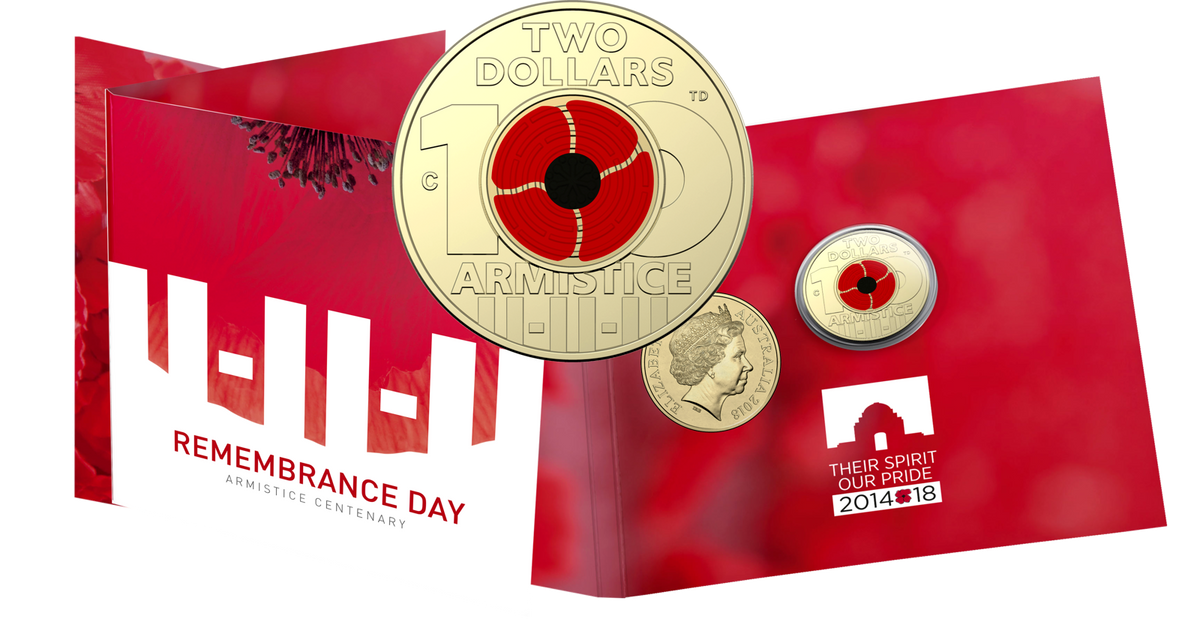 Presentation overview: Australia 2018 $2 Armistice Centenary red poppy C-mintmark coin with Remembrance Day presentation folder and both coin faces.
