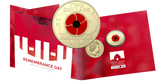 Presentation overview: Australia 2018 $2 Armistice Centenary red poppy C-mintmark coin with Remembrance Day presentation folder and both coin faces.