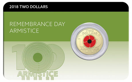 Front card: Australia 2018 $2 Armistice Centenary red poppy coin in green Remembrance Day card, showing the centenary numeral and reverse design.