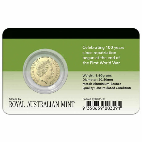 Back of the 2019 $2 Repatriation Centenary coin pack, showing Queen Elizabeth II’s portrait, coin specifications and Royal Australian Mint attribution.