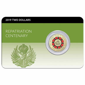 Front of Australia’s 2019 $2 Repatriation Centenary coin pack, showing the red poppy coin mounted on a green commemorative card.