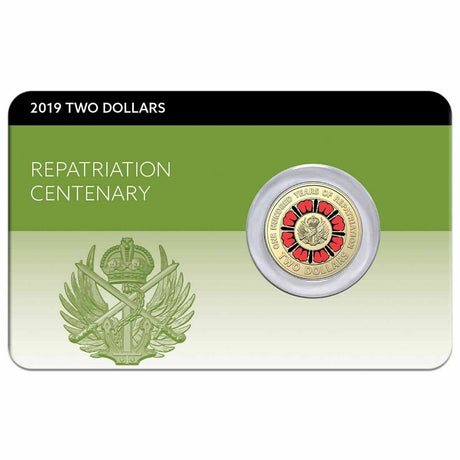 Front of Australia’s 2019 $2 Repatriation Centenary coin pack, showing the red poppy coin mounted on a green commemorative card.