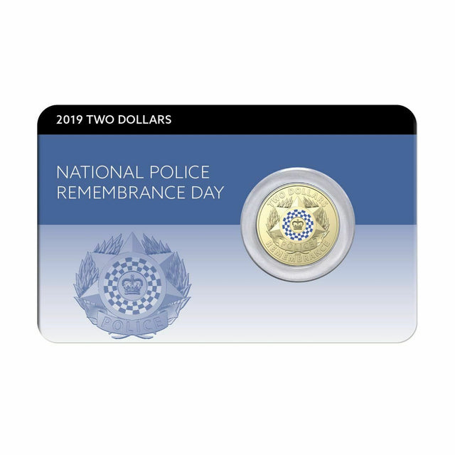 Front card: 2019 $2 Police Remembrance coloured coin mounted in a blue and silver National Police Remembrance Day card.