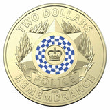 Reverse: Police badge design with a crown, blue-and-white chequered ring, wreath and Police Remembrance inscription.