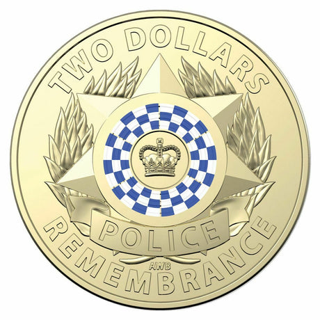 Reverse: Police badge design with a crown, blue-and-white chequered ring, wreath and Police Remembrance inscription.