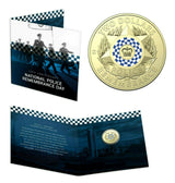 Composite view: 2019 Australian $2 Police Remembrance C-mintmark coloured coin with closed and open 30th anniversary presentation folder.