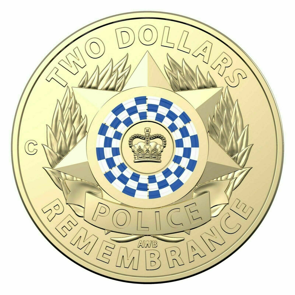 Reverse close-up: Police Remembrance $2 coin showing C mintmark, crown, blue-and-white chequered ring, star and wreath.
